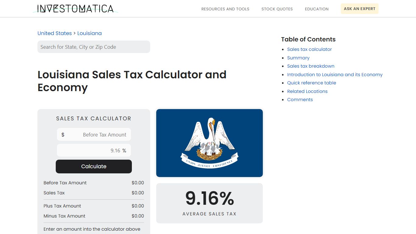 Louisiana Sales Tax Calculator and Economy - Investomatica